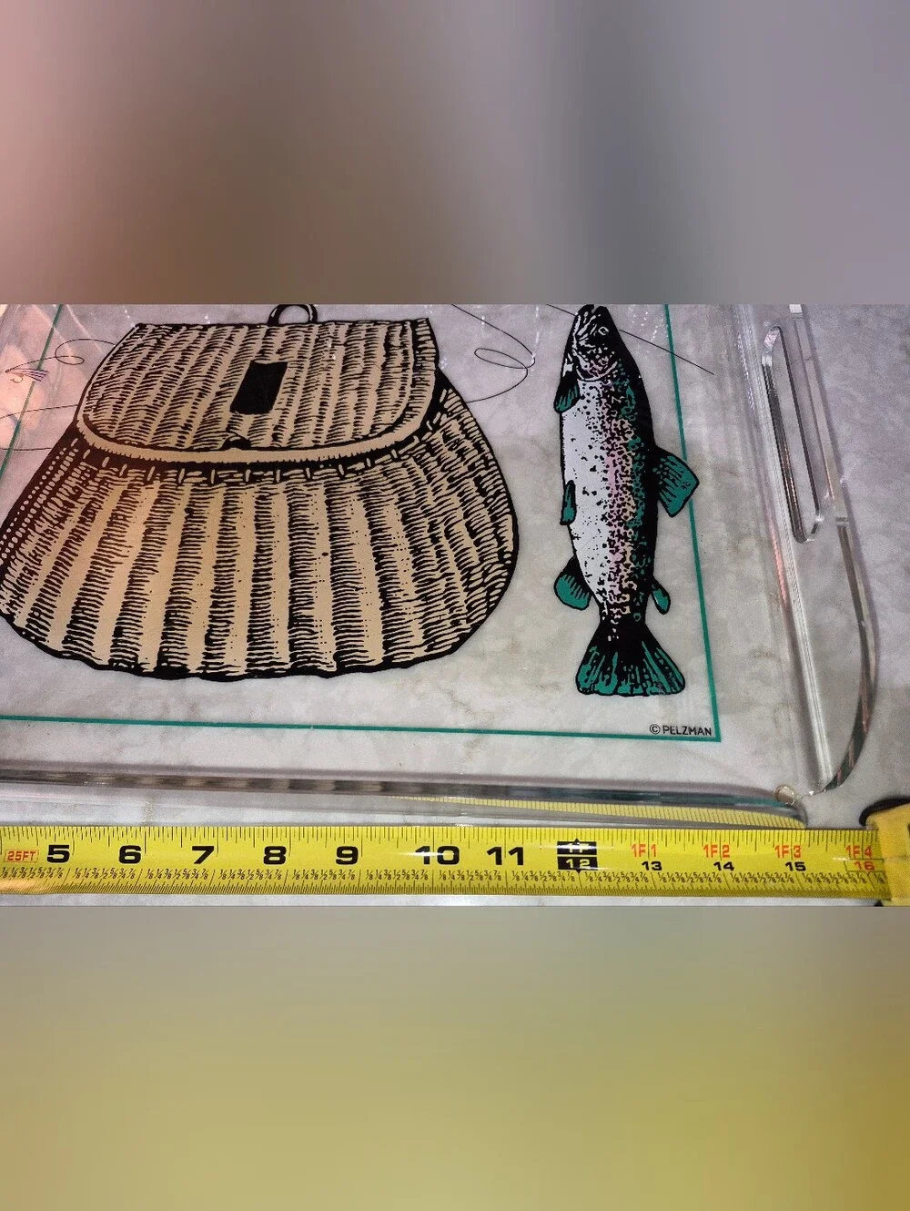 Vintage Pelzman serving tray, fly-fishing motif w/ a wicker basket & Trout